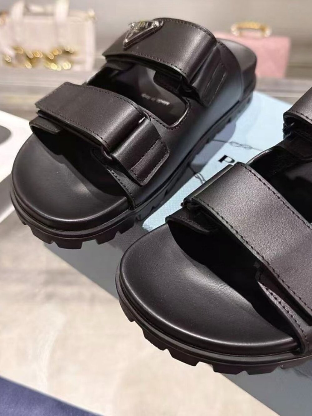 Prada Black Leather Dual Strap Platform Slide Sandals - Picture 5 of 8